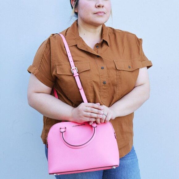 NWT Michael Kors Saffiano Leather Cindy Medium Satchel Bag Tote Coral $258 - Picture 8 of 10